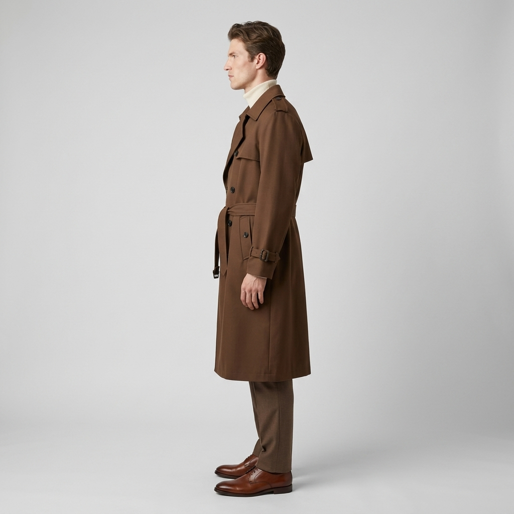Model wearing Men's Brown Double Breasted Belted Trench Coat, side view