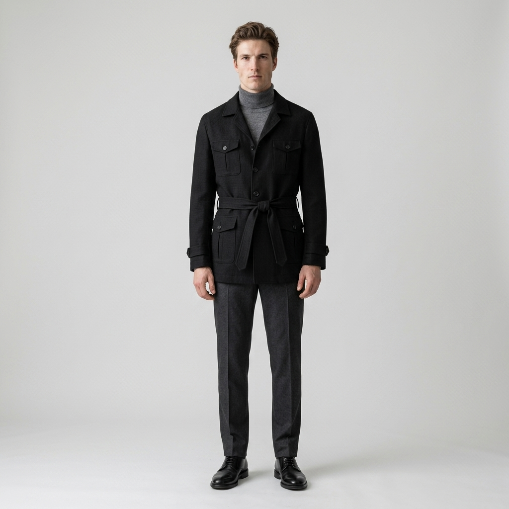 Model wearing Men's Black Belted Safari Jacket with the belt tied, front view