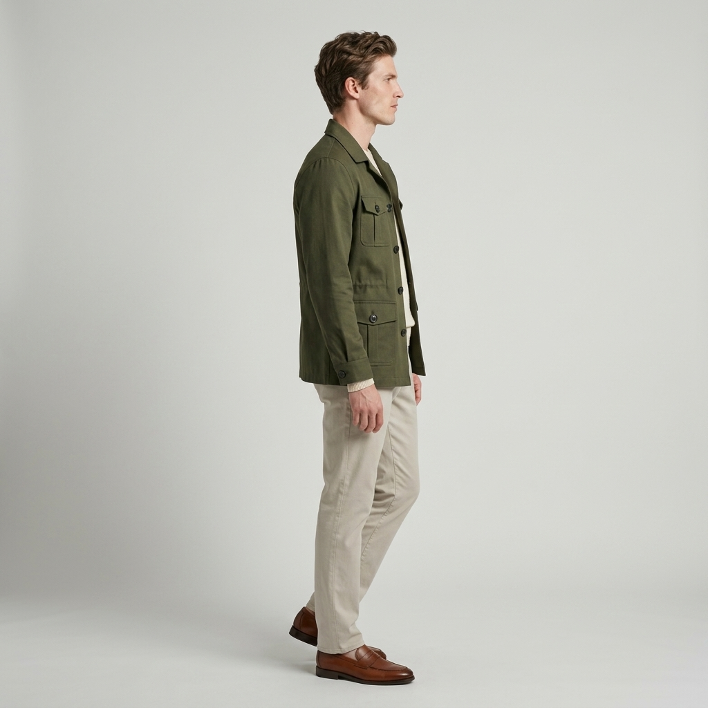 Model wearing Men's Olive Four Pocket Safari Jacket, side view