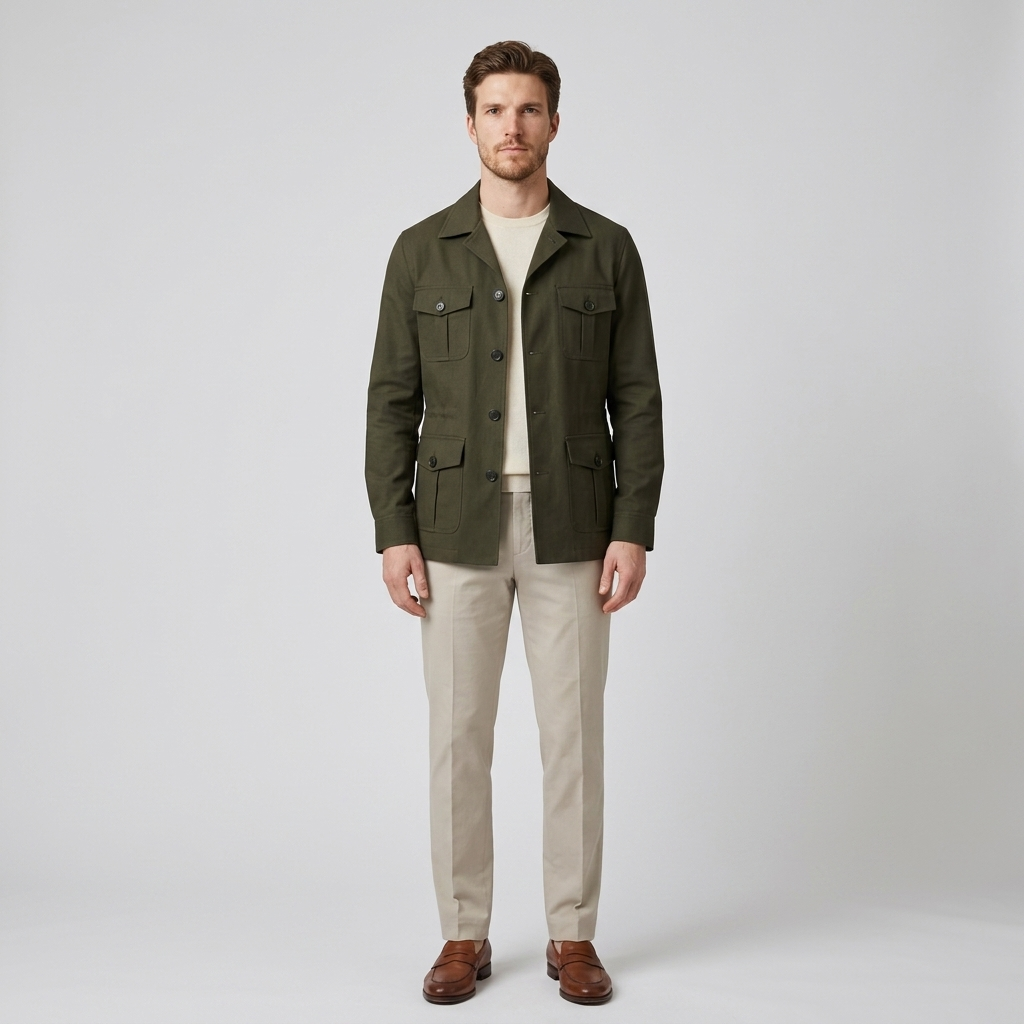 Model wearing Men's Olive Four Pocket Safari Jacket over a cream knit, front view