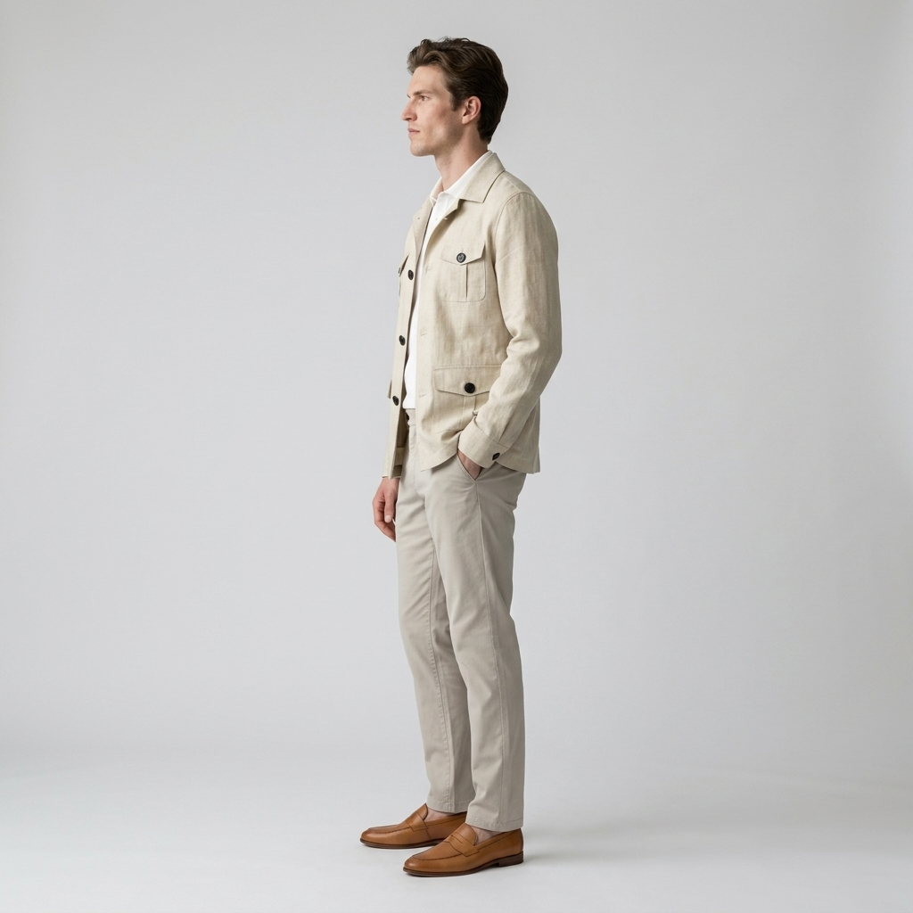 Model wearing Men's Beige Four Pocket Safari Jacket, side view