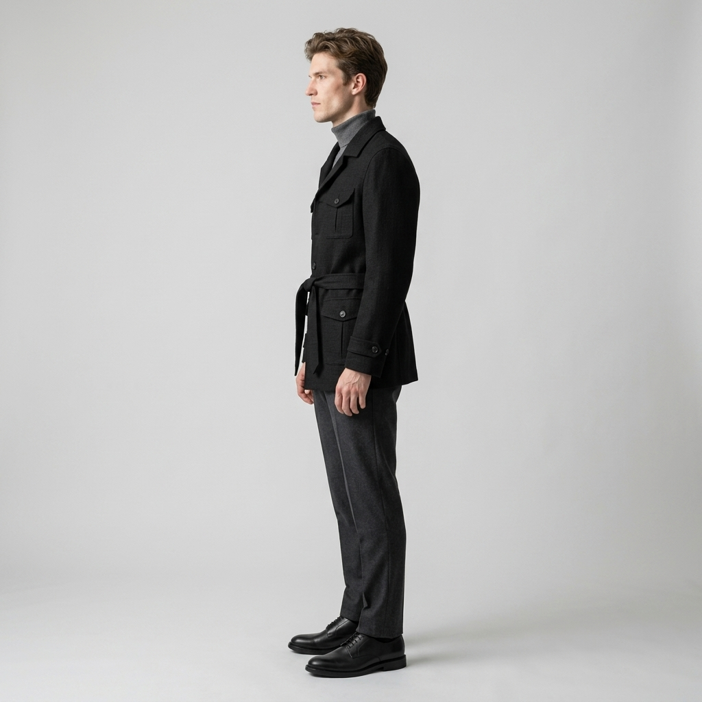 Model wearing Men's Black Belted Safari Jacket, side view