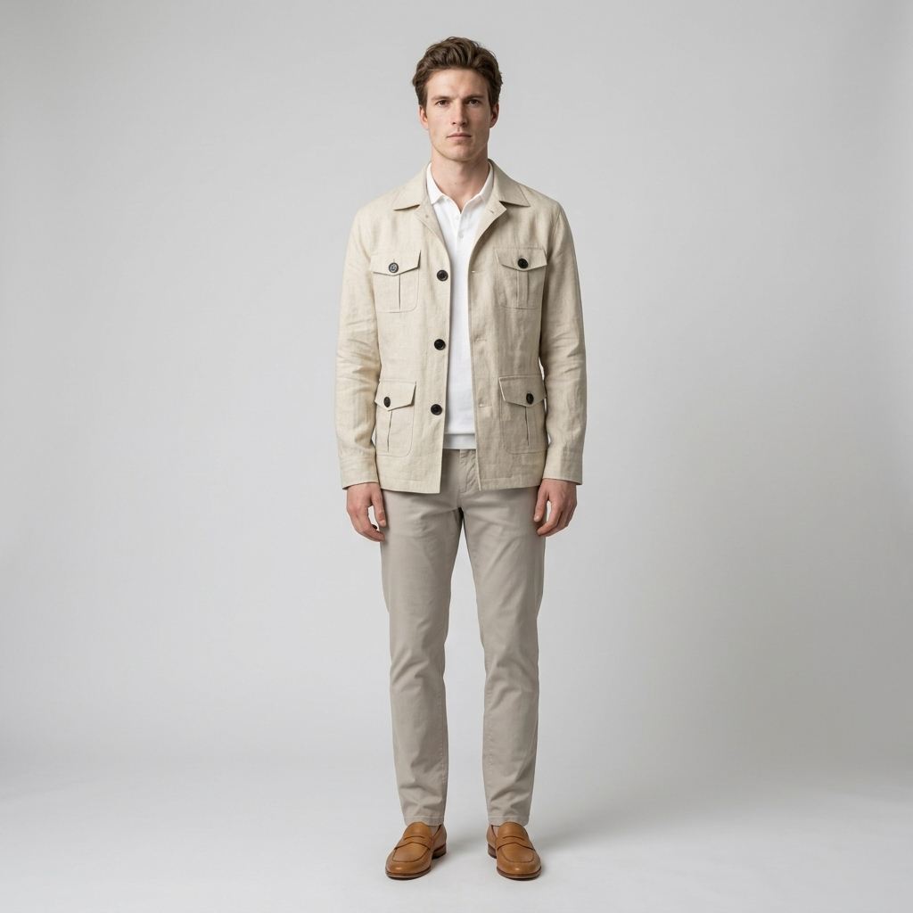 Model wearing Men's Beige Four Pocket Safari Jacket over a white polo, front view