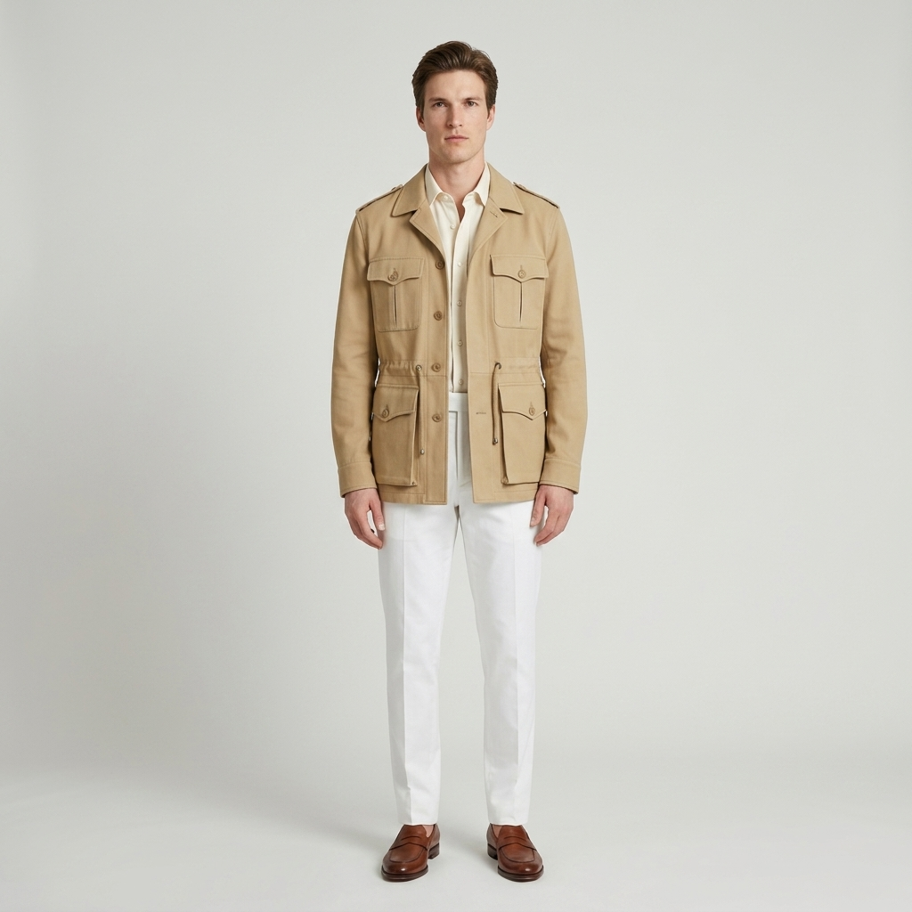 Model wearing Men's Tan Four Pocket Safari Jacket with epaulettes, front view