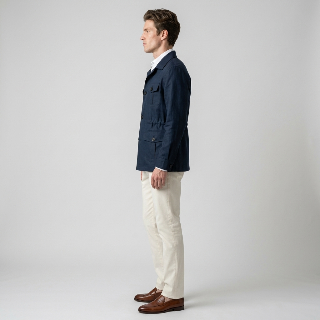 Model wearing Men's Navy Four Pocket Safari Jacket, side view