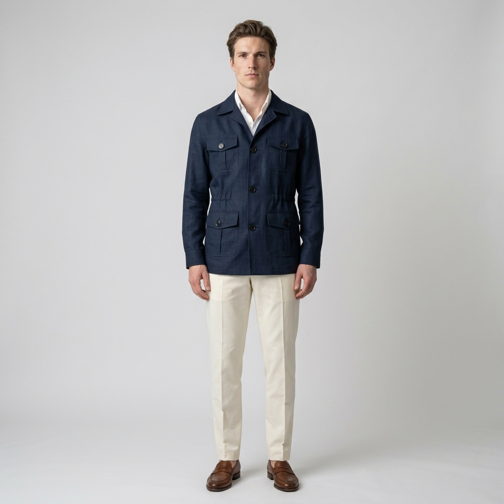 Model wearing Men's Navy Four Pocket Safari Jacket over a white shirt, front view