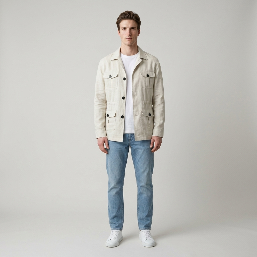 Model wearing Men's White Four Pocket Summer Safari Jacket with jeans, front view