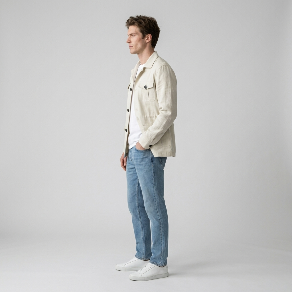 Model wearing Men's White Four Pocket Summer Safari Jacket, side view