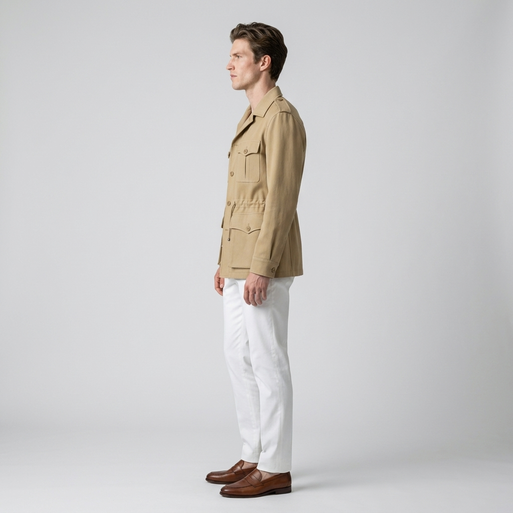 Model wearing Men's Tan Four Pocket Safari Jacket, side view