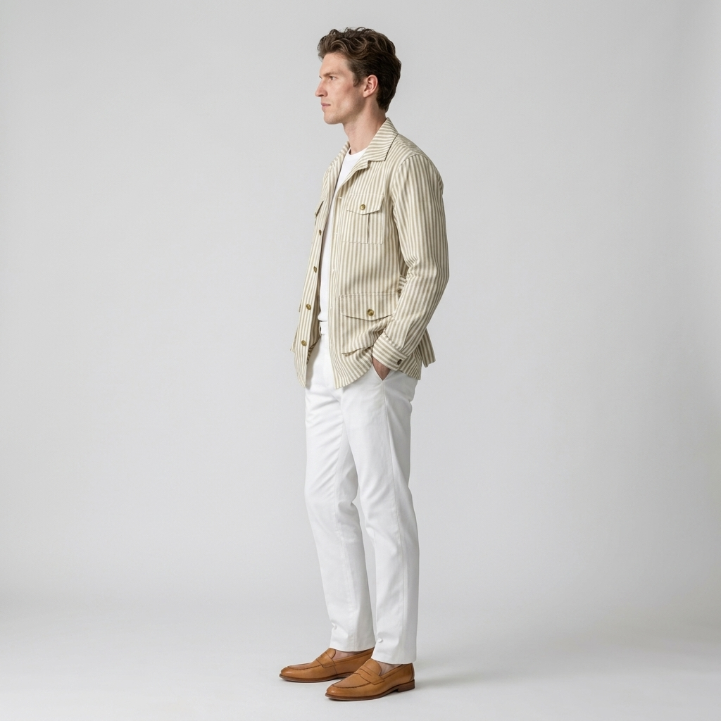 Model wearing Men's Striped Safari Jacket in khaki stripe, side view