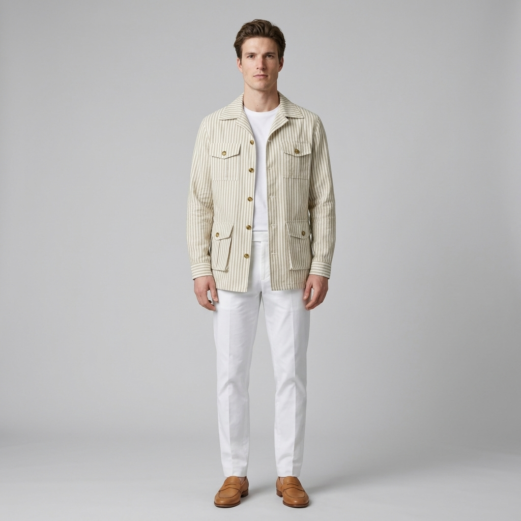Model wearing Men's Striped Safari Jacket in khaki stripe with brass buttons, front view