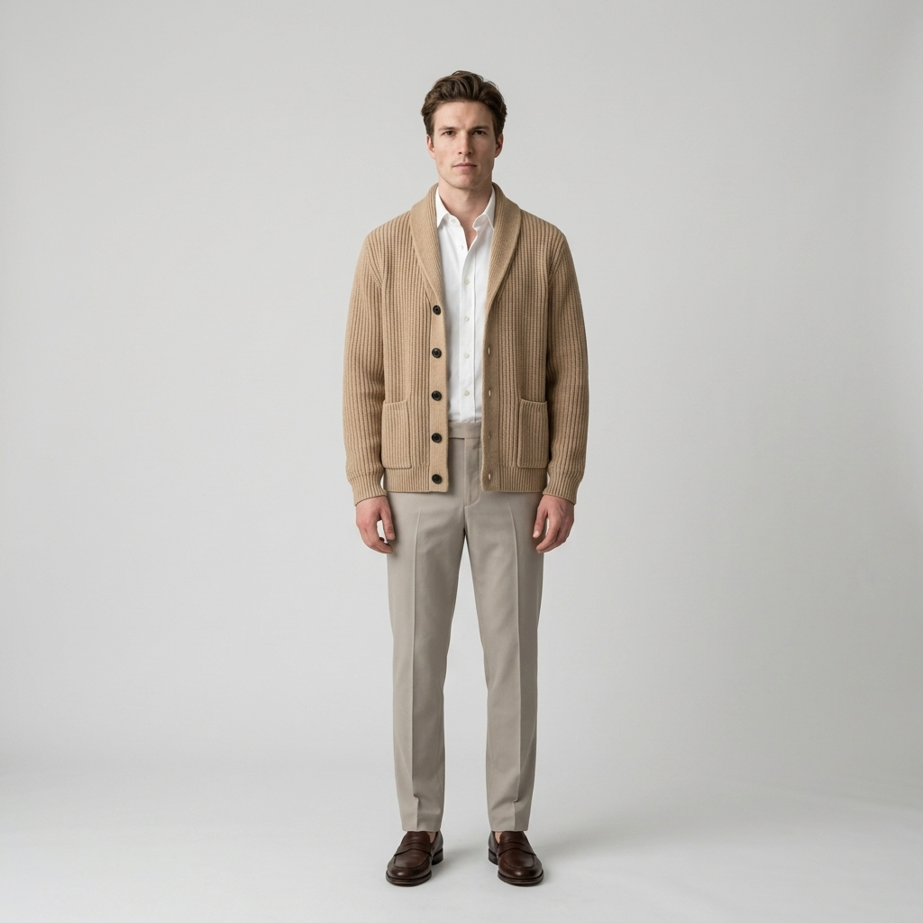 Model wearing Men's Tan Shawl Collar Cardigan over a white shirt, front view