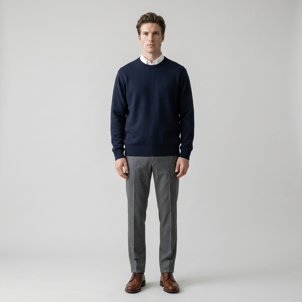 Model wearing Men's Navy Crew Neck Jumper over a white shirt, front view