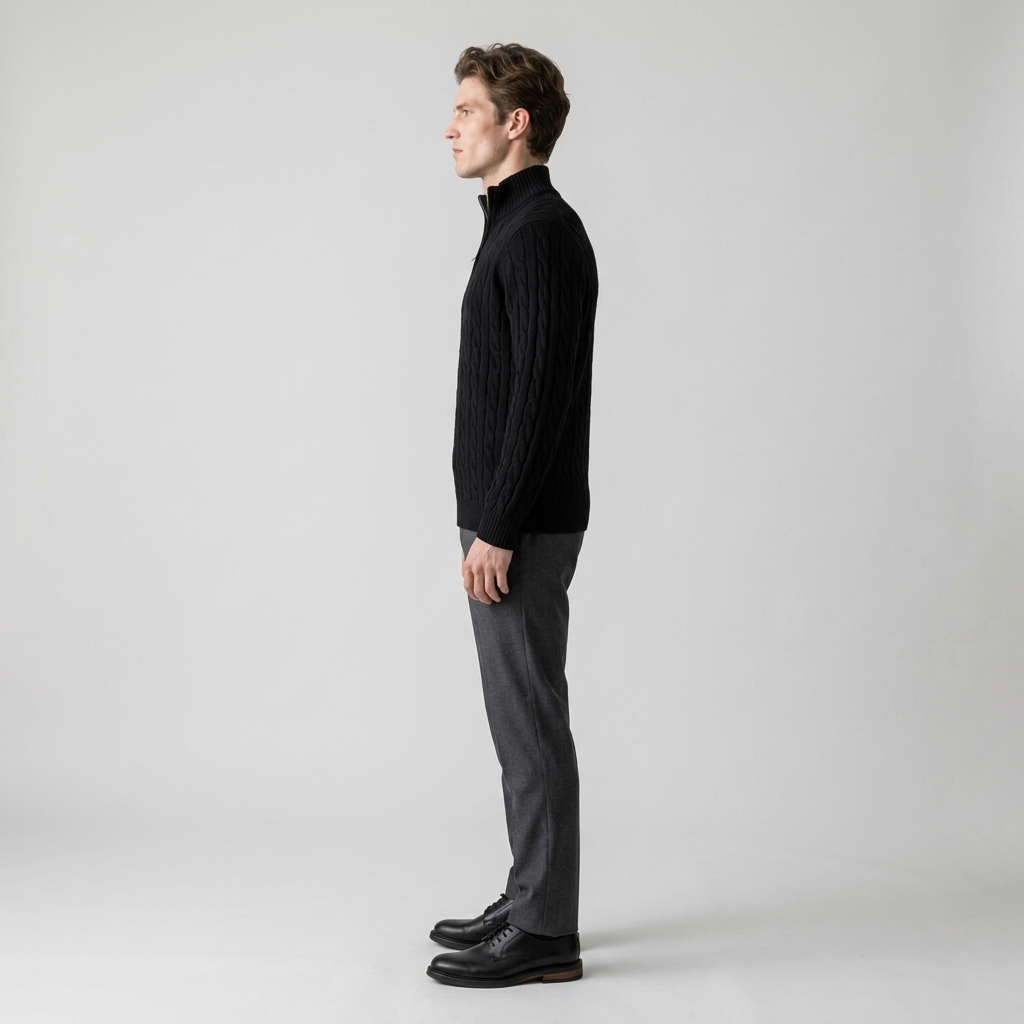 Model wearing Men's Black Cable Knit Quarter Zip Jumper, side view