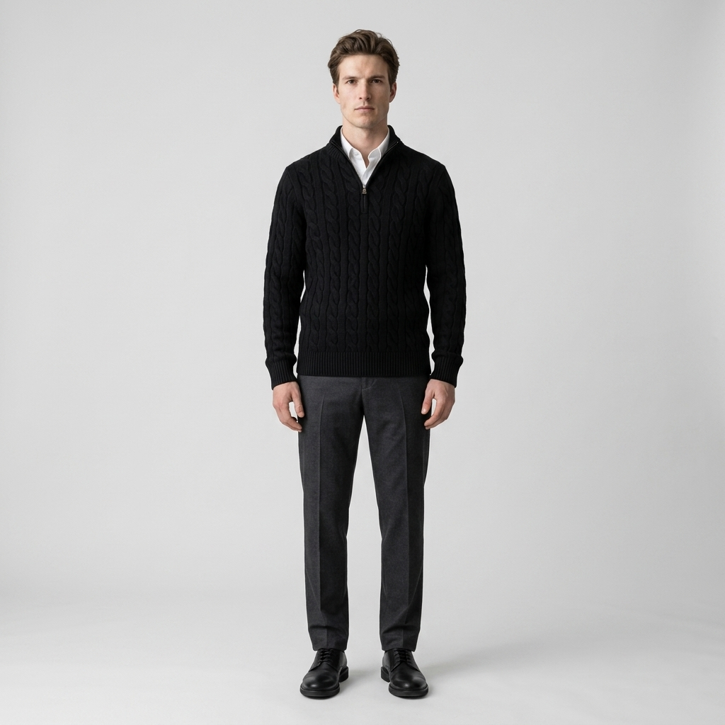 Model wearing Men's Black Cable Knit Quarter Zip Jumper with a funnel neck, front view