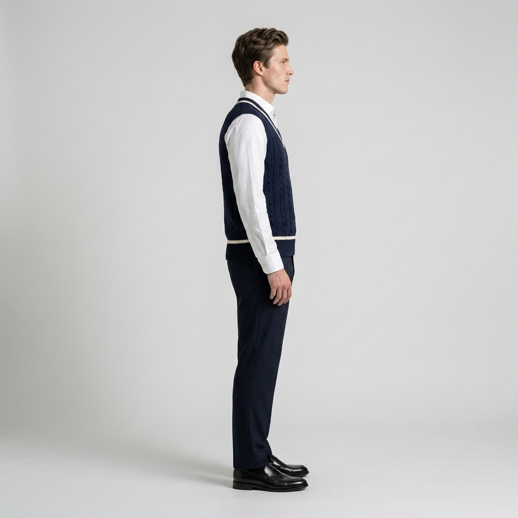 Model wearing Men's Navy Cable Knit Vest, side view