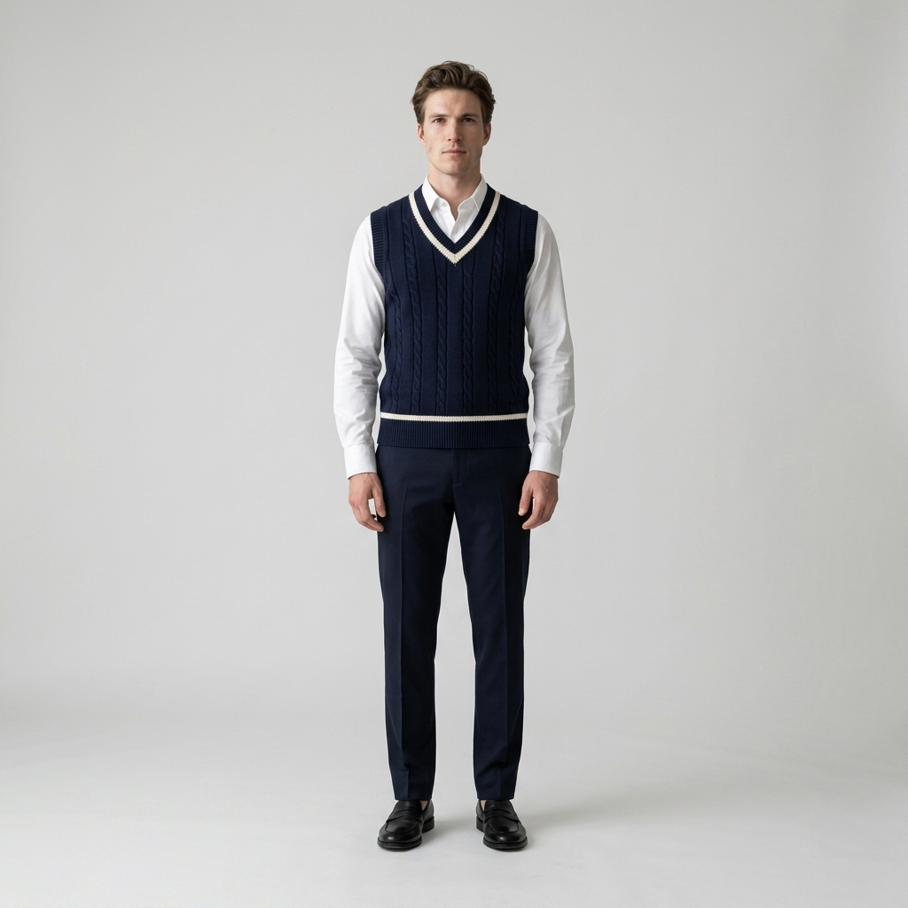 Model wearing Men's Navy Cable Knit Vest over a white shirt, front view