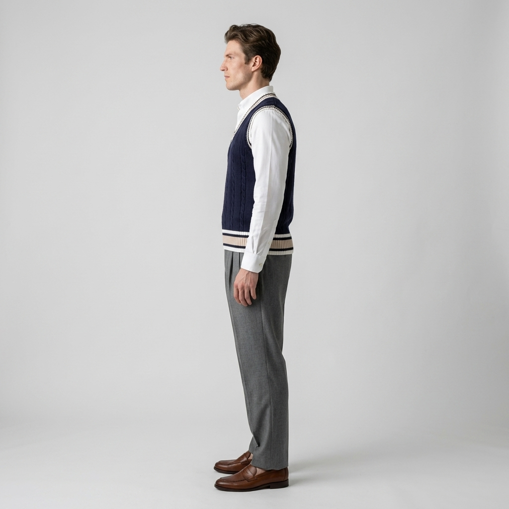 Model wearing Men's Navy Sleeveless Cricket Jumper, side view