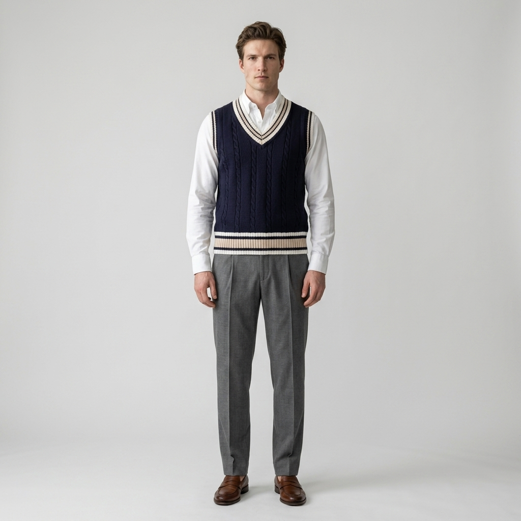 Model wearing Men's Navy Sleeveless Cricket Jumper over a white shirt, front view