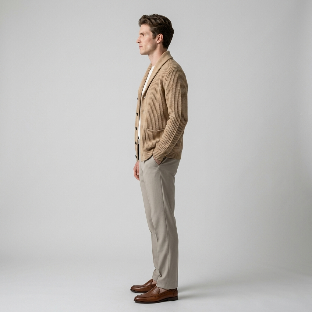 Model wearing Men's Tan Shawl Collar Cardigan, side view showing the patch pocket