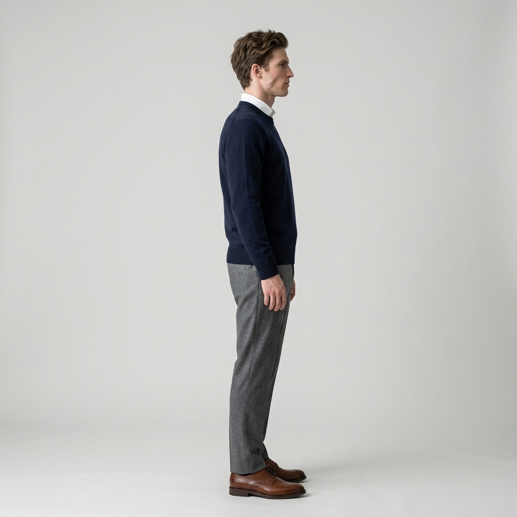 Model wearing Men's Navy Crew Neck Jumper, side view