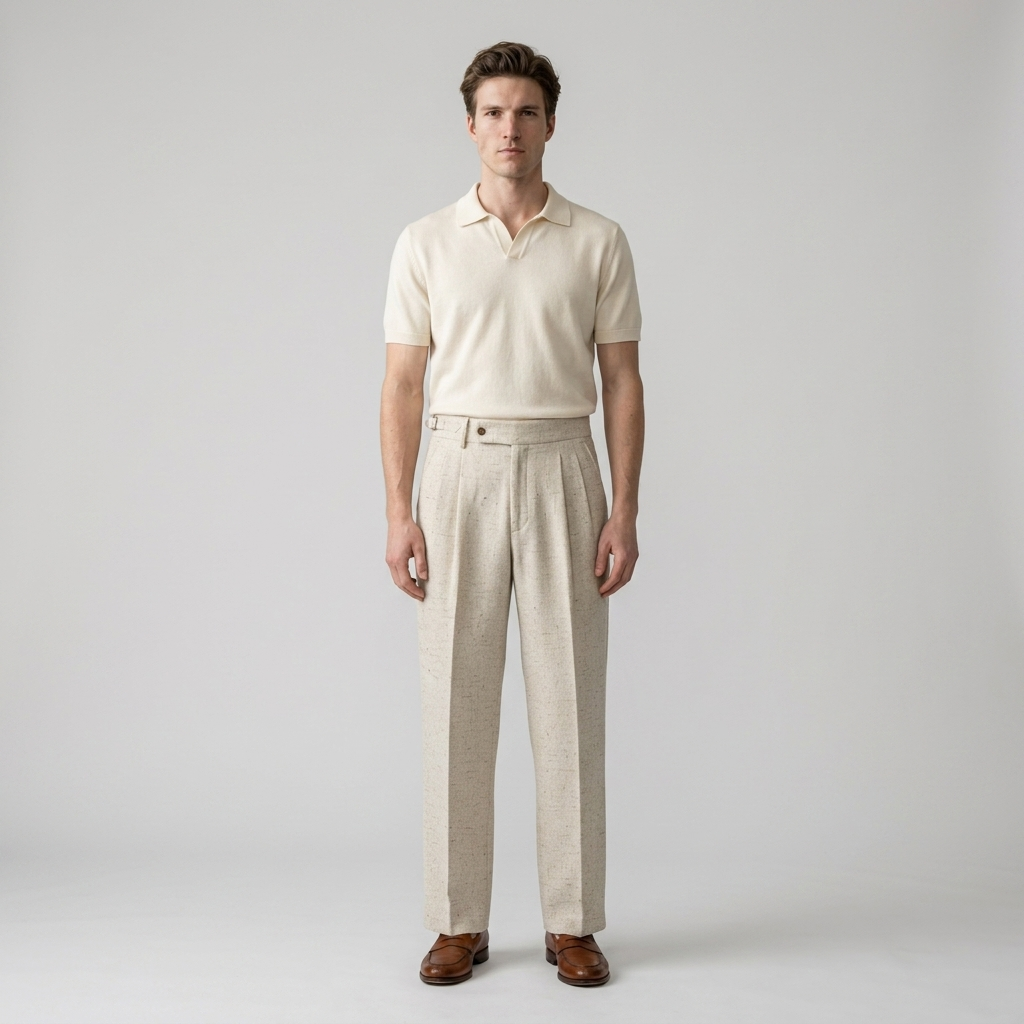 Model wearing Men's Oatmeal High Waist Pleated Wide Leg Trousers, front view