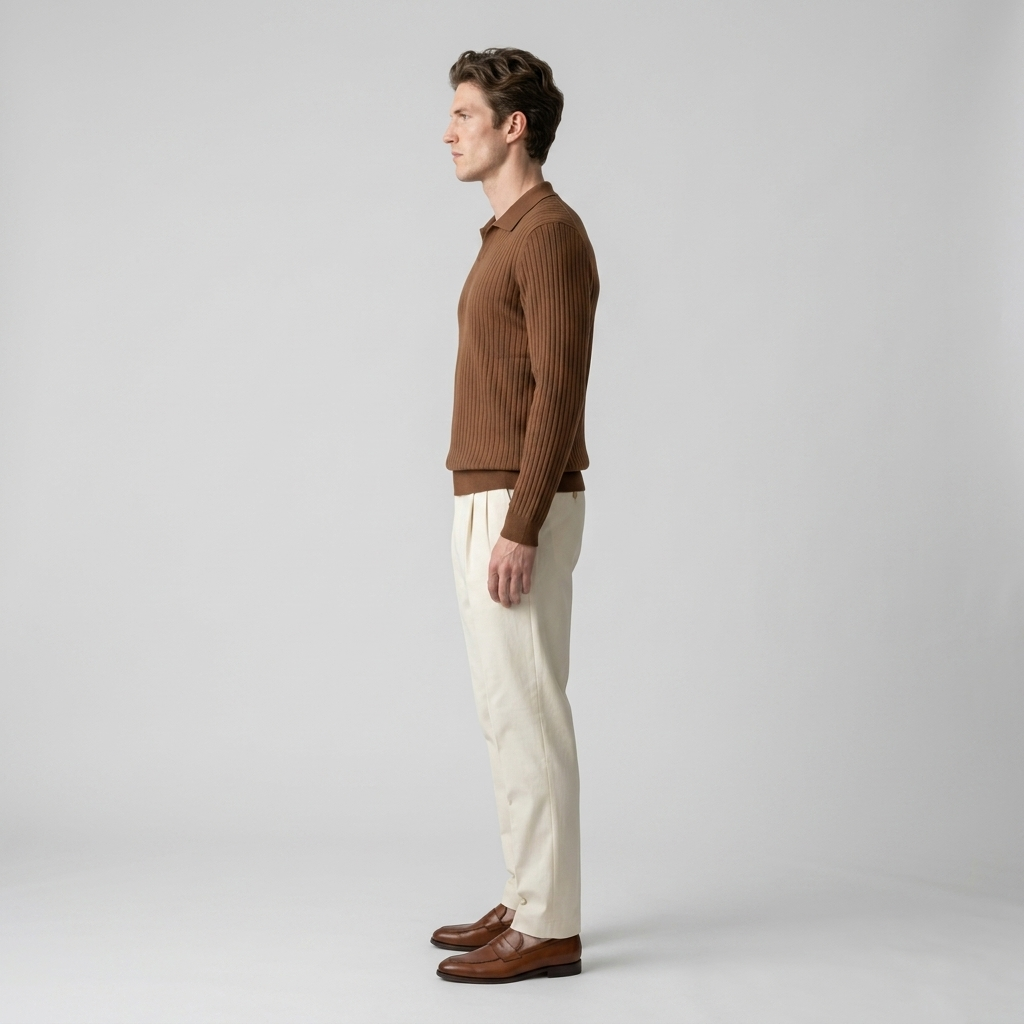 Model wearing Men's Brown Ribbed Open Collar Polo Shirt, side view