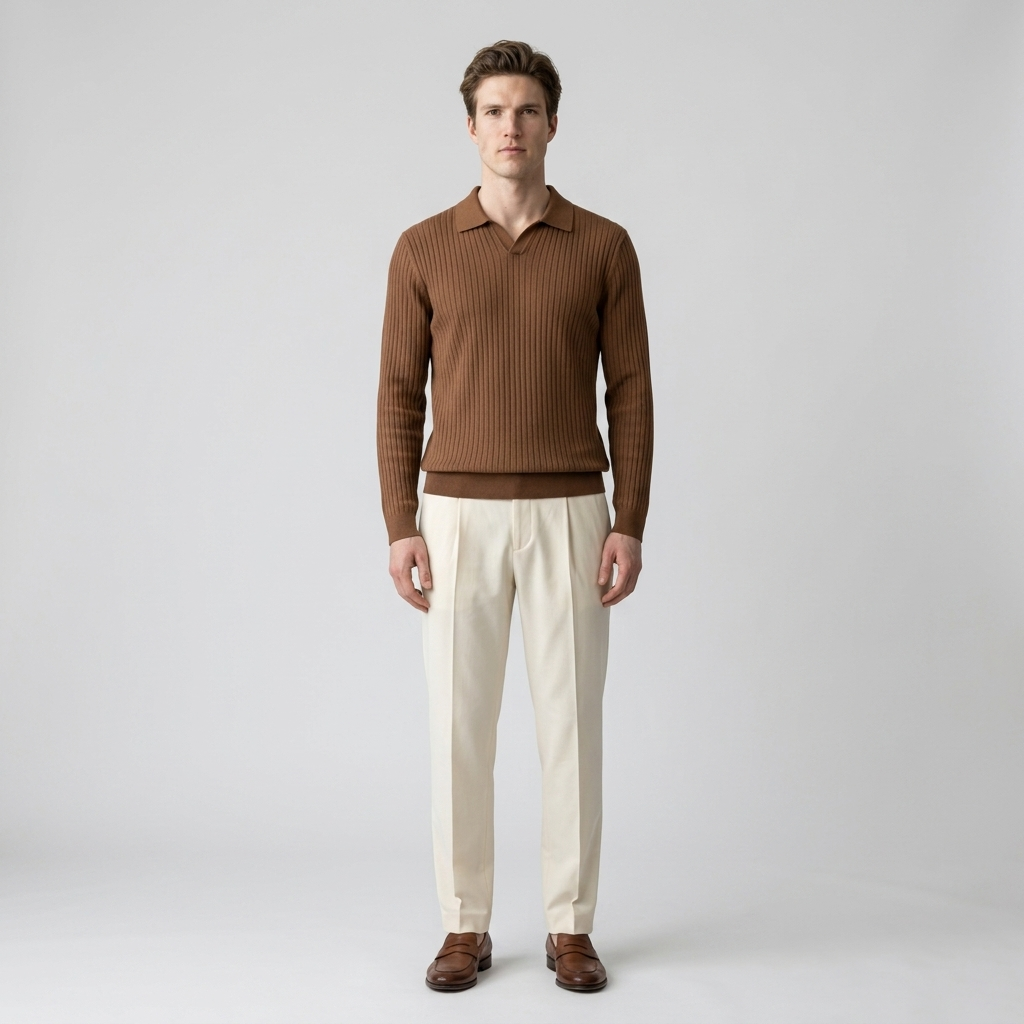 Model wearing Men's Brown Ribbed Open Collar Polo Shirt, front view