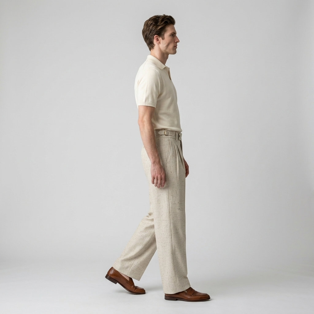 Model wearing Men's Oatmeal High Waist Pleated Wide Leg Trousers, side view