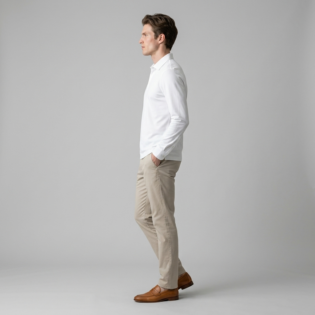Model wearing Men's White Long Sleeve Polo Shirt, side view