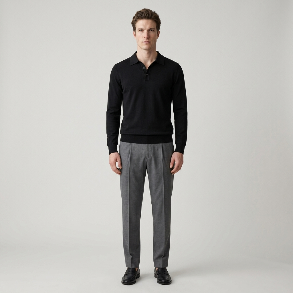 Model wearing Men's Black Long Sleeve Knitted Polo Shirt, front view