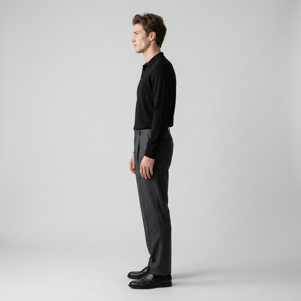 Model wearing Men's Black Long Sleeve Knitted Polo Shirt, side view