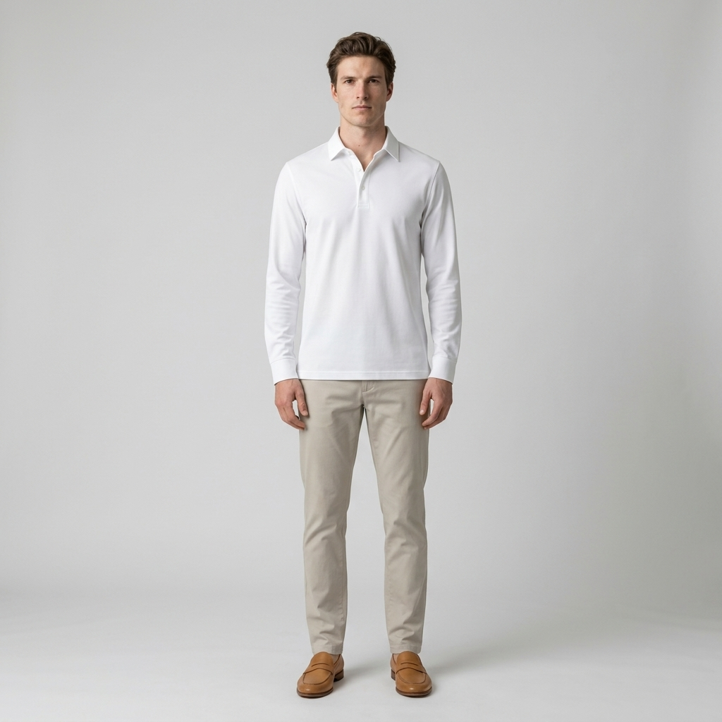 Model wearing Men's White Long Sleeve Polo Shirt with chinos, front view