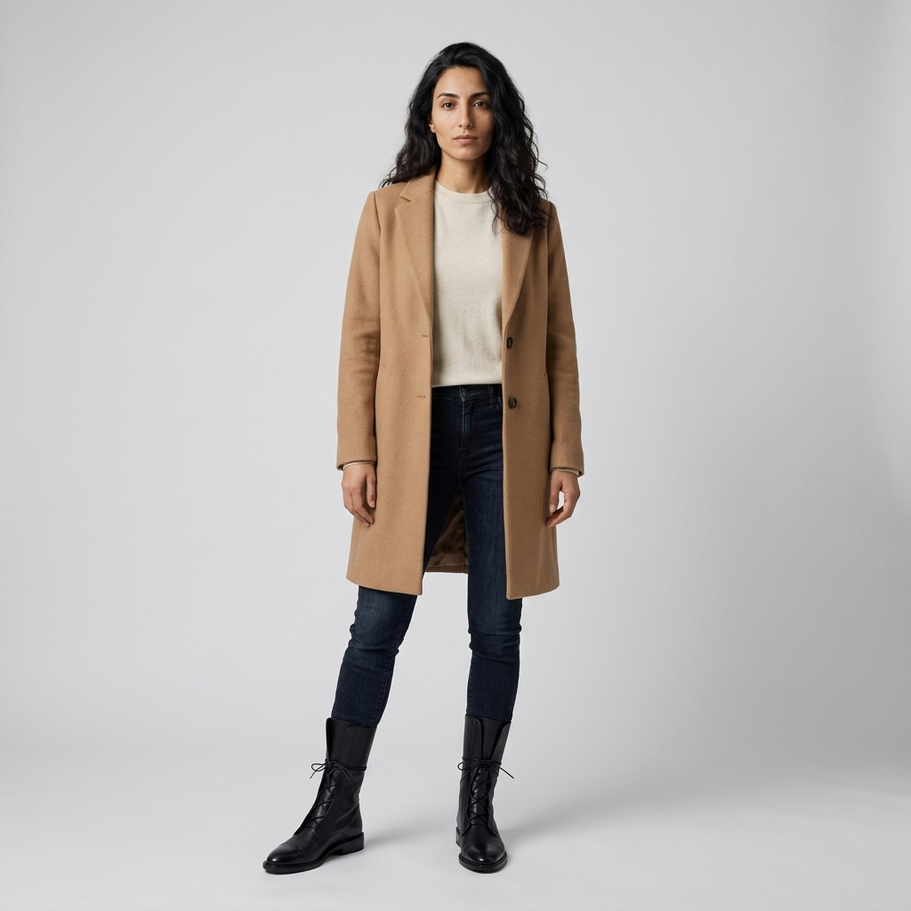 Model wearing Women's Mid Calf Lace Up Boots in black with denim and a camel coat