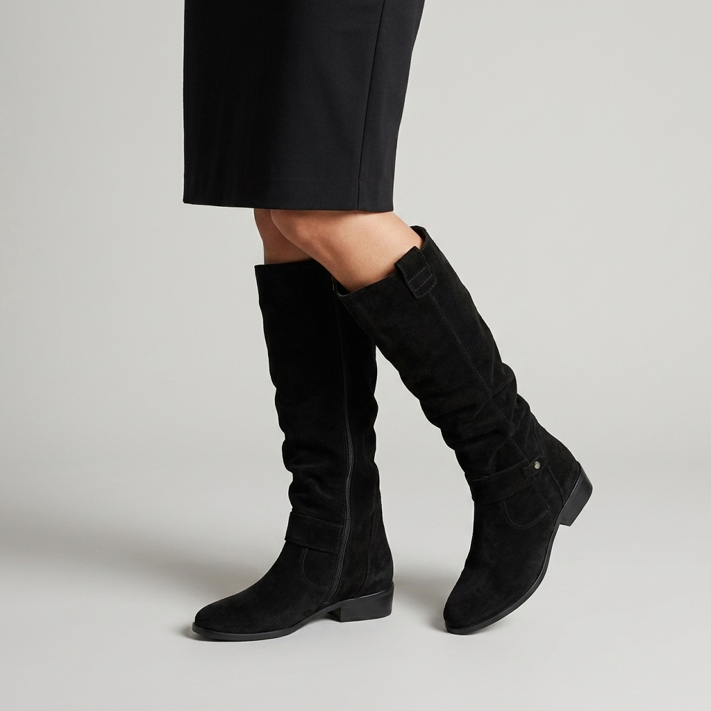 Women's Knee High Slouch Boots in black suede look, close view on the model