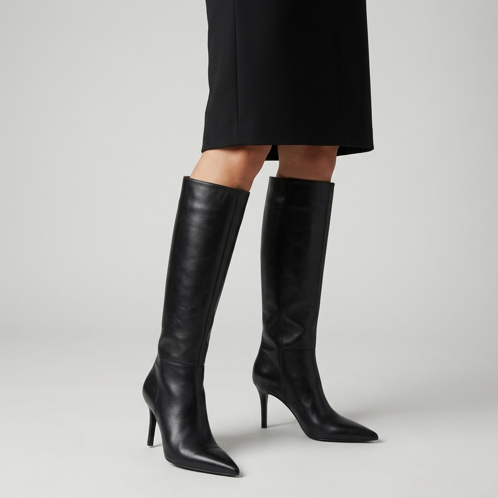 Women's Knee High Stiletto Heel Pointed Toe Boots in black, close view on the model