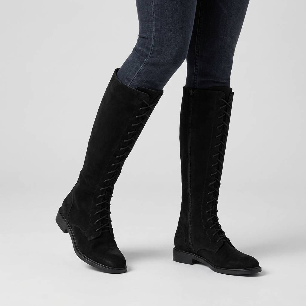 Women's Knee High Lace Up Flat Riding Boots in black, close view on the model