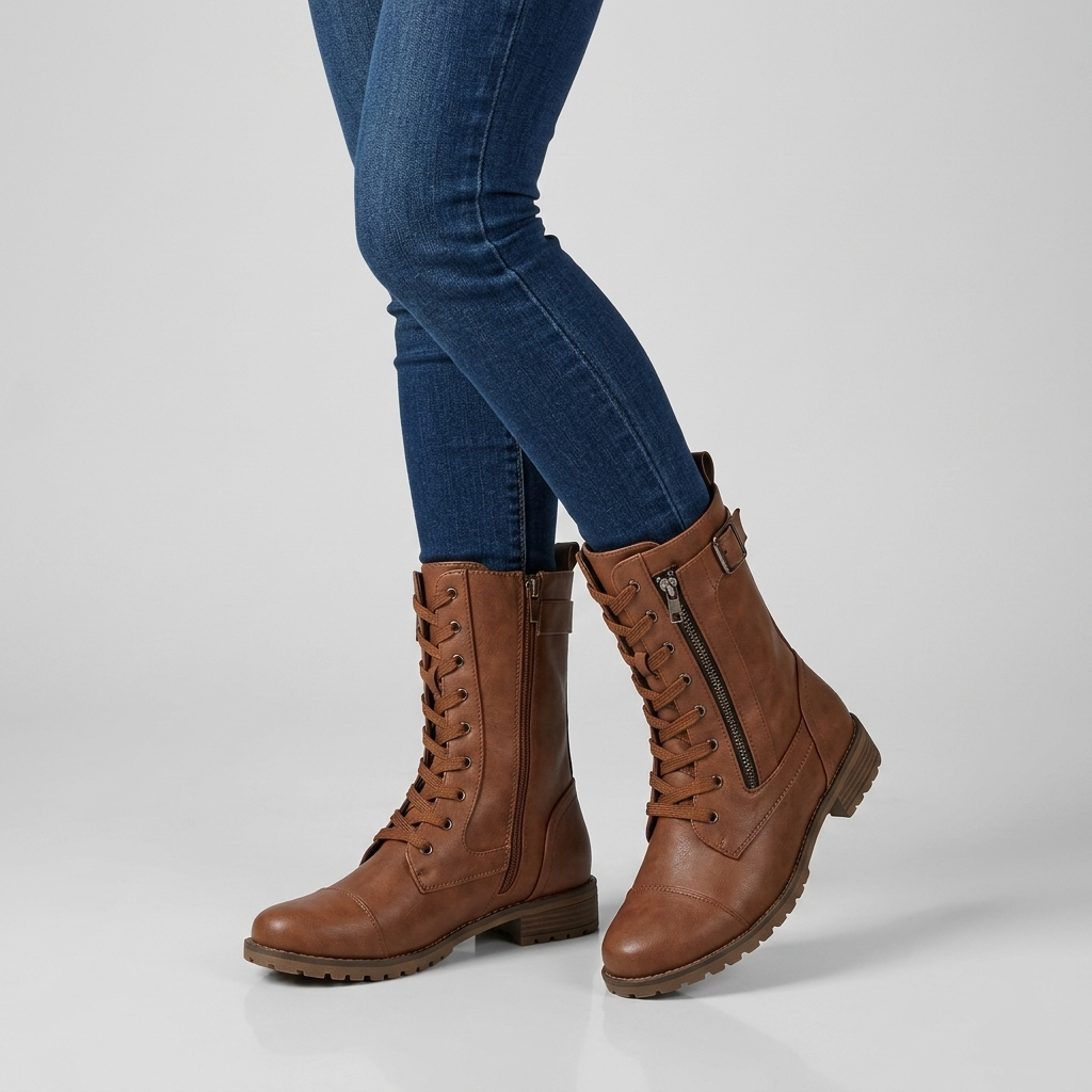 Women's Mid Calf Lace Up Side Zip Boots in brown, close view on the model