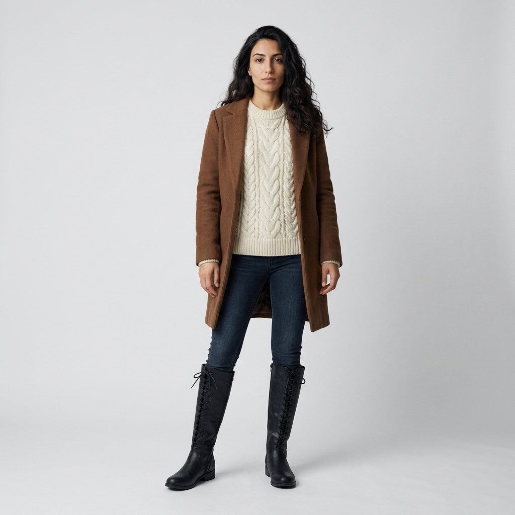 Model wearing Women's Knee High Lace Up Riding Boots in black with denim and a cable knit