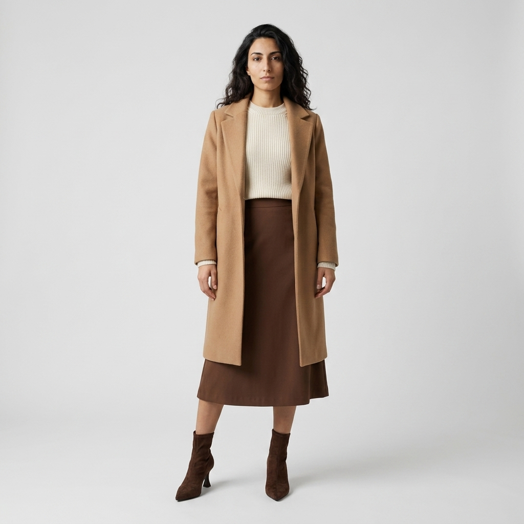 Model wearing Women's Pointed Toe Ankle Boots in brown with a midi skirt and camel coat