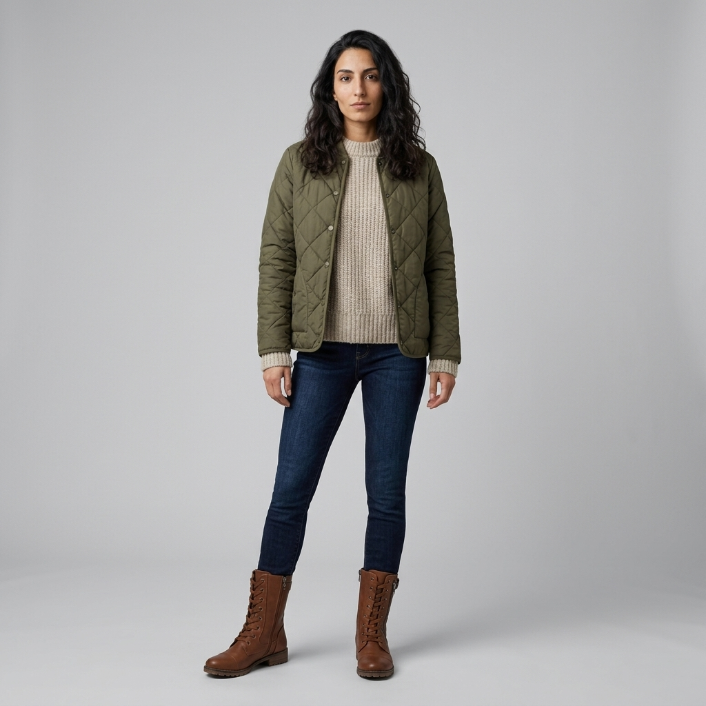 Model wearing Women's Mid Calf Lace Up Boots in brown with denim and a knit jumper