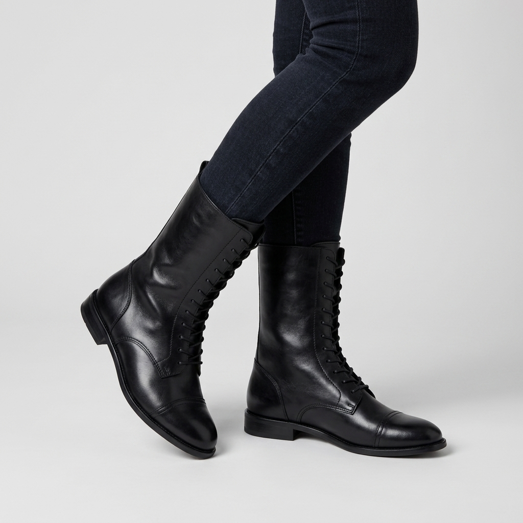 Women's Mid Calf Lace Up Cap Toe Boots in black, close view on the model
