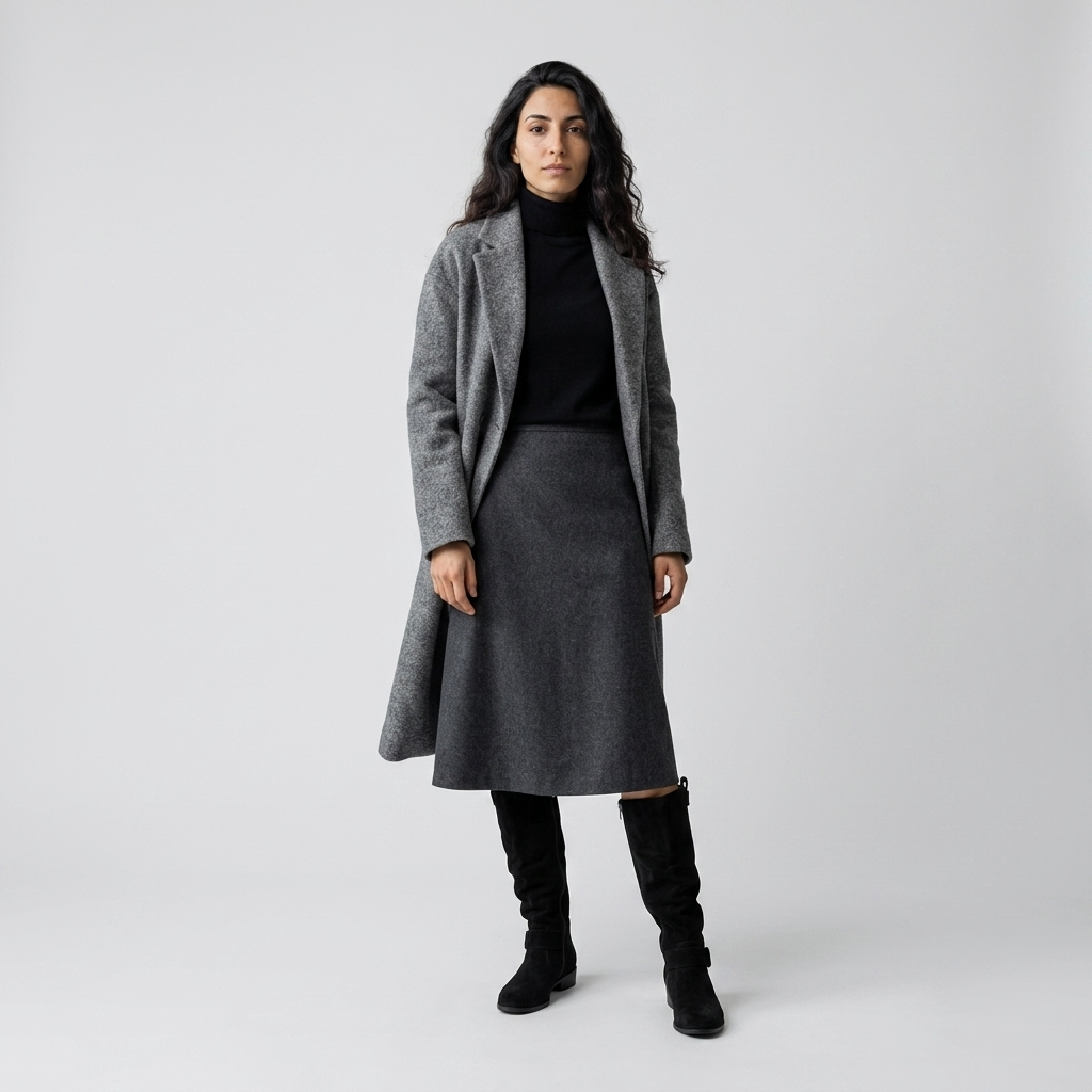 Model wearing Women's Knee High Slouch Boots in black with a wool skirt and grey coat