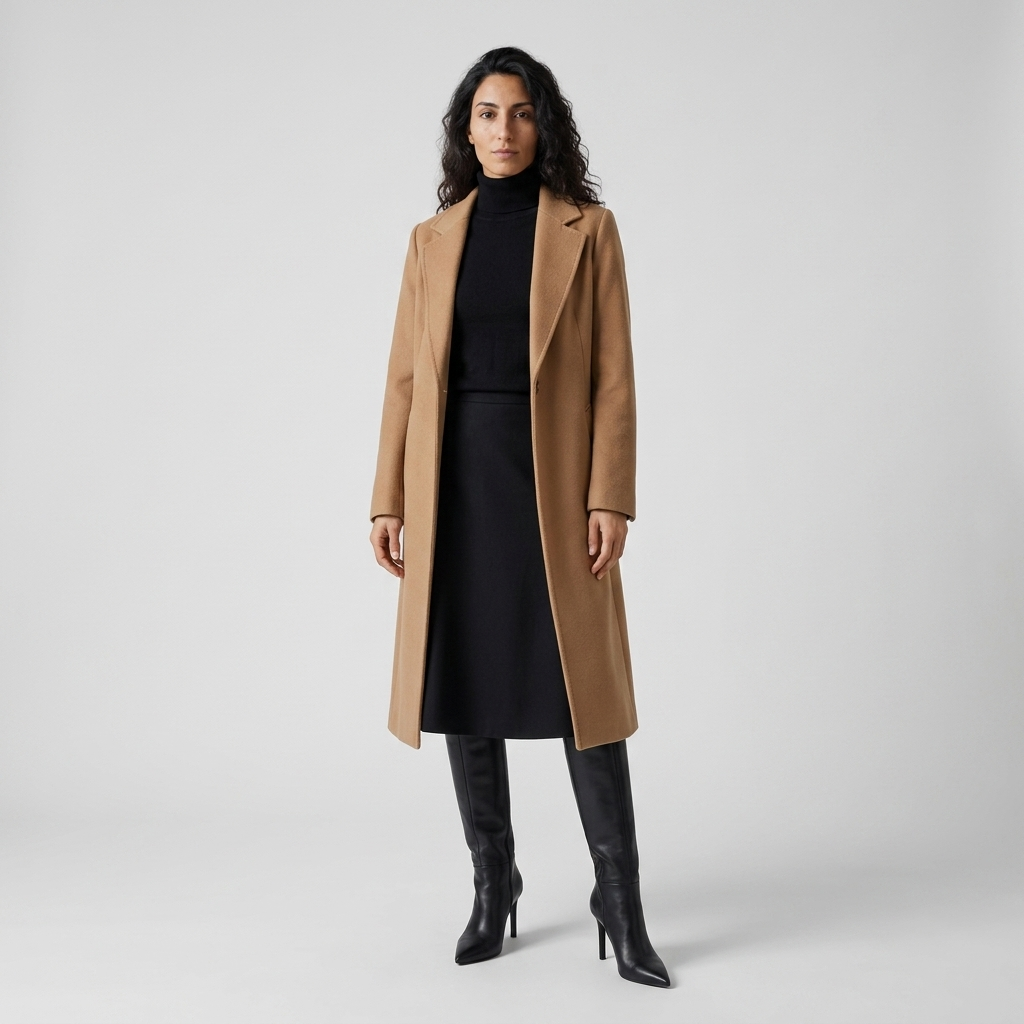 Model wearing Women's Knee High Stiletto Boots in black with a skirt and camel coat