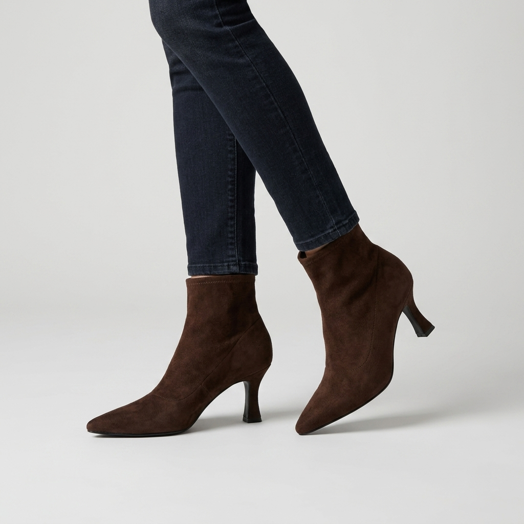 Women's Pointed Toe Heeled Ankle Boots in brown suede look, close view on the model