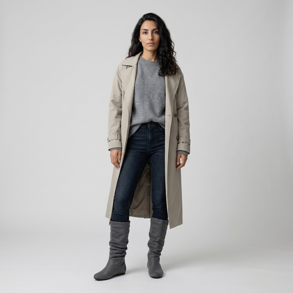 Model wearing Women's Mid Calf Slouch Boots in grey with denim and a trench coat