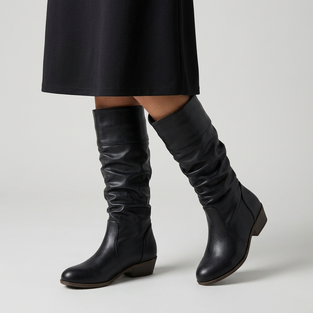 Women's Knee High Slouch Flat Boots in black leather look, close view on the model