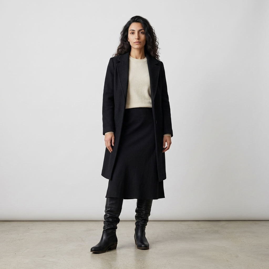 Model wearing Women's Knee High Slouch Flat Boots in black with a midi skirt and coat