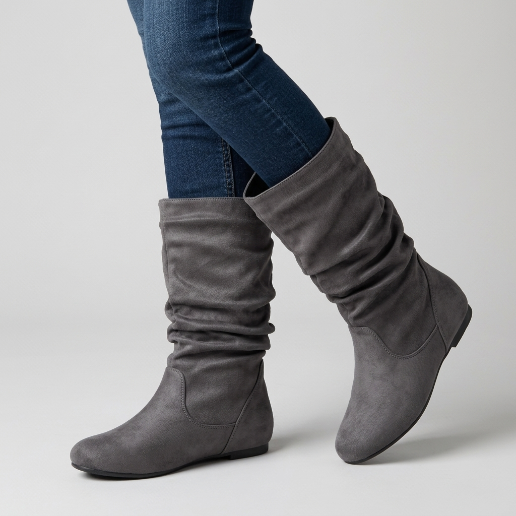 Women's Mid Calf Slouch Boots in grey suede look, close view on the model