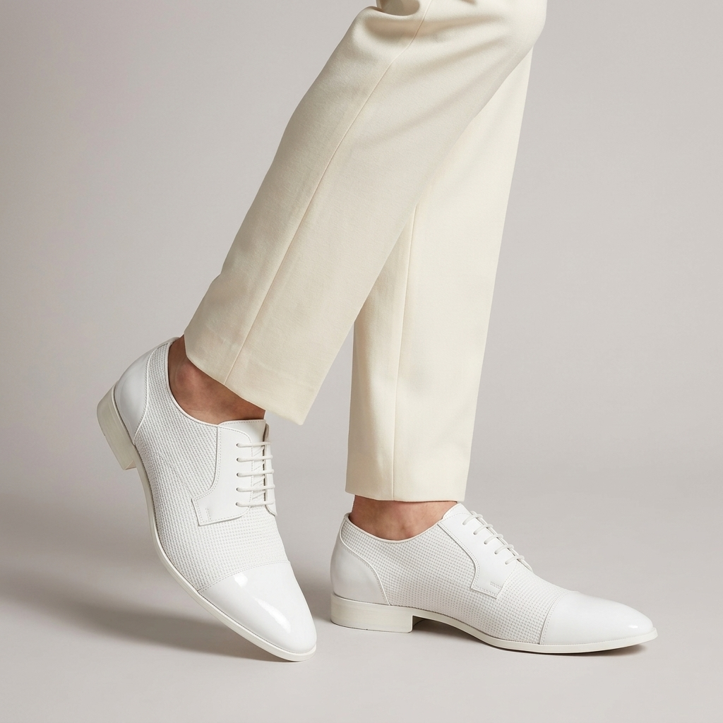 Men's Patent Cap Toe Oxford Shoes in white with a woven panel, close view on the model